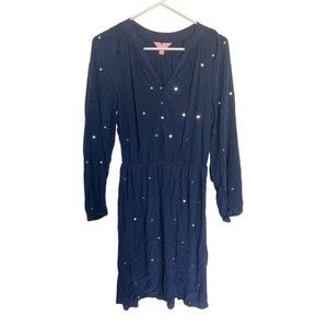 LILLY PULITZER Dress Womens Small Navy Blue 100% Silk V-Neck Long Sleeve